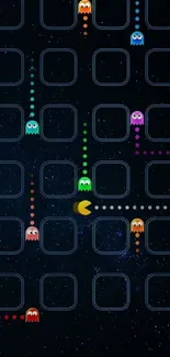 Retro arcade game wallpaper with colorful ghosts on a pixelated maze.