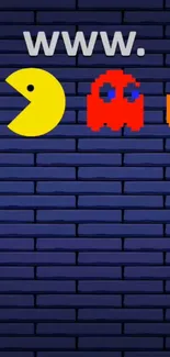 Retro arcade wallpaper with blue brick background and pixel characters.