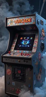 Retro arcade machine surrounded by smoke on a dark background.