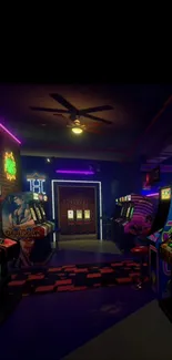 A neon-lit retro arcade with vintage game machines.