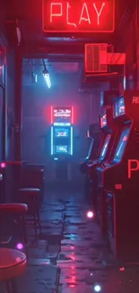 Neon-lit retro arcade with classic gaming machines and vibrant ambiance.