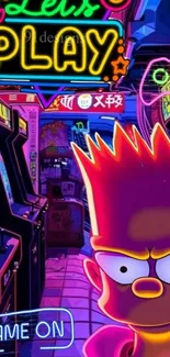 Cartoon character in neon-lit arcade with colorful lights.