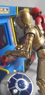 Gold robot playing a classic arcade game.