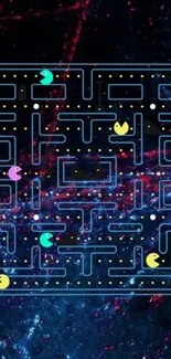 Retro arcade maze with neon elements on a dark background.