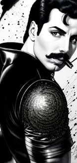 Striking black and white retro art of a stylish figure with a cosmic design.