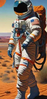 Astronaut in vibrant desert setting under red planet.