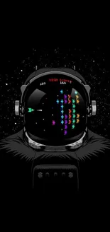 Astronaut with arcade game on visor, black background, neon colors.