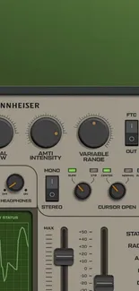 Vintage control panel wallpaper with dials and green screen.
