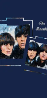 Vintage band wallpaper with portraits on navy blue background.