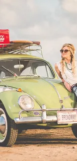 Vintage Beetle car with laid-back summer vibe.