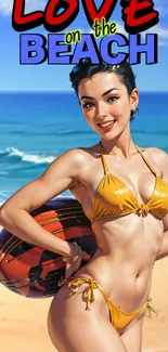 Vintage beach scene with retro styled woman holding a surfboard.