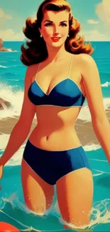 Retro pin-up art of woman at beach with ocean waves and red balls.