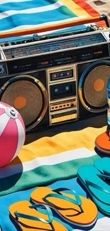 Retro beach scene with boombox, colorful flip-flops, and beach ball.