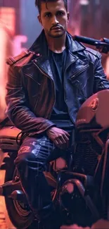 Biker with leather jacket in neon-lit city.