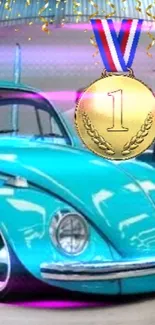 Classic Volkswagen Beetle with gold medal in cyan.