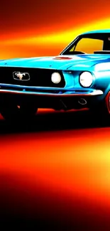 Retro blue car on vibrant orange background wallpaper.