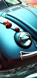 A dynamic blue retro car in motion, showcasing vibrant automotive style.