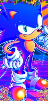 A blue animated character on a neon retro-themed mobile wallpaper.