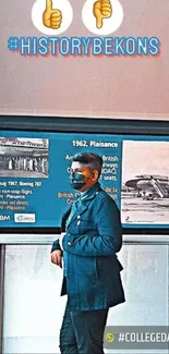 Person in retro blue outfit with historical airplane images.