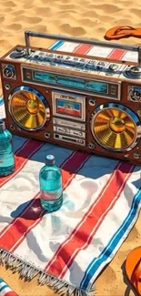 Retro boombox on colorful beach setup with towels and sandals.
