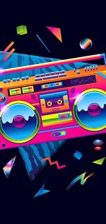 Vibrant retro boombox with neon colors and abstract geometric shapes.