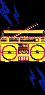 Retro neon boombox with colorful lightning on black background.