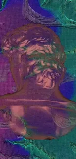 Vaporwave-inspired wallpaper with classical bust in neon colors.