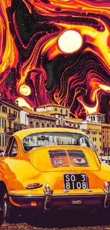 Retro yellow car with cosmic swirl backdrop in urban setting.