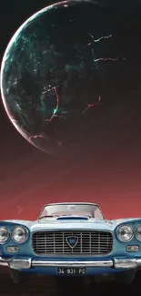 Classic car with cosmic planet background in dark tones.