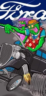 Cartoon aliens driving a classic car under the Ford logo.