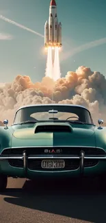 Vintage car on desert road with rocket blasting off behind.