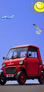 Vintage red car with a smiling sun and airplane in a blue sky.