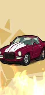 Illustrated red retro car with flames on beige background.