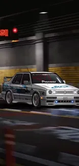 Retro car racing through a dimly lit anime-style tunnel.