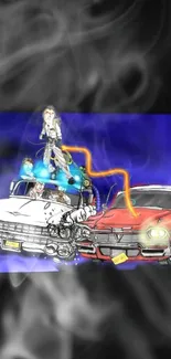 Retro style anime cars wallpaper with vibrant colors and dynamic art.