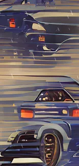 Retro car design wallpaper with sleek, artistic style and bold navy blue hues.