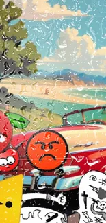 Retro car with cartoon characters on a sunny coastal backdrop.