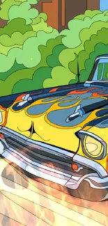 Cartoon art of a retro car with flames, set against nature backdrop.