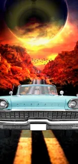 Retro car driving under a cosmic sky with fiery orange landscape.