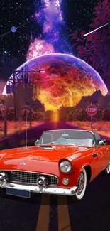 Red vintage car with galactic background wallpaper.