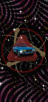 Retro car with galaxy pattern background in vibrant colors.