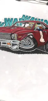 Illustrated red retro car with dynamic motion effects on a clipboard.