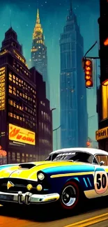 Retro car drives through vibrant cityscape with neon lights.