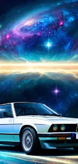 Retro car against a cosmic galaxy background with vibrant nebulae.