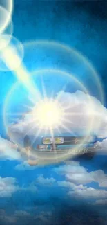 Retro car floating under a sunburst in dreamy clouds.