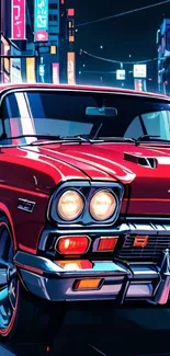 Retro car with neon city lights at night.