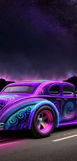 Vibrant retro car under a purple night sky with neon accents.