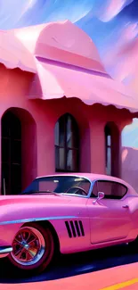 Vintage pink car in a sunset cityscape with artistic flair.