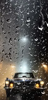 Vintage car in rain with a dark, moody background.