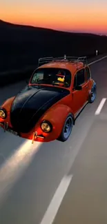 Flying orange retro car over a twilight highway.